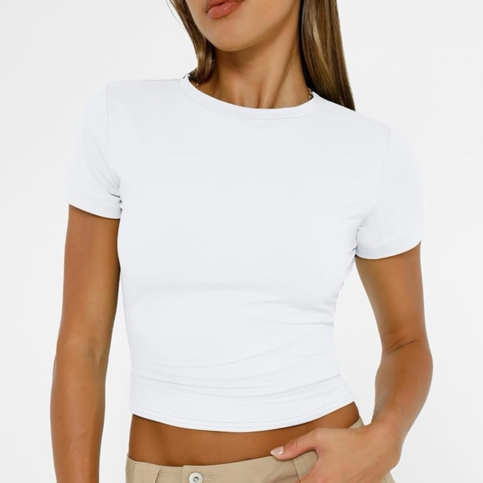 Cropped White Short Sleeve Crewneck T-Shirt Casual Monochrome Womens Large